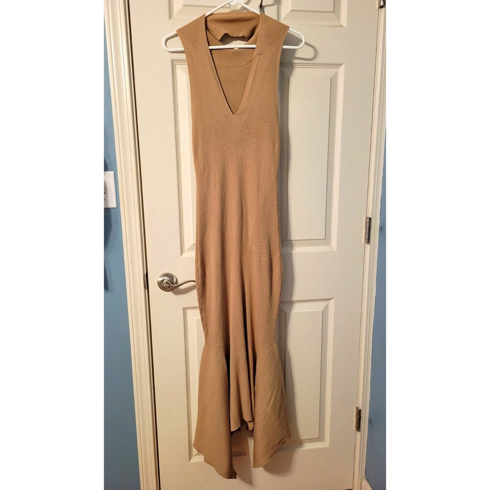 By Anthropologie Mock Neck Midi Sweater Dress Cedar Tan Ribbed Handkerchief M